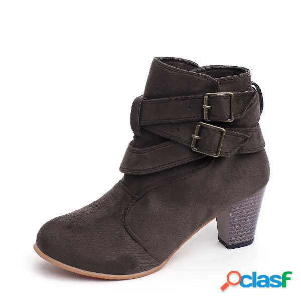 Coffee Buckle Point Toe Chunky Ankle Boots