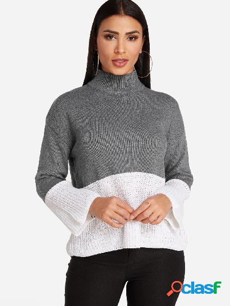 Color Block High Neck Bell Sleeves Color Casual Sweater