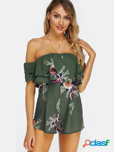Green Backless Random Floral Print Off The Shoulder Short