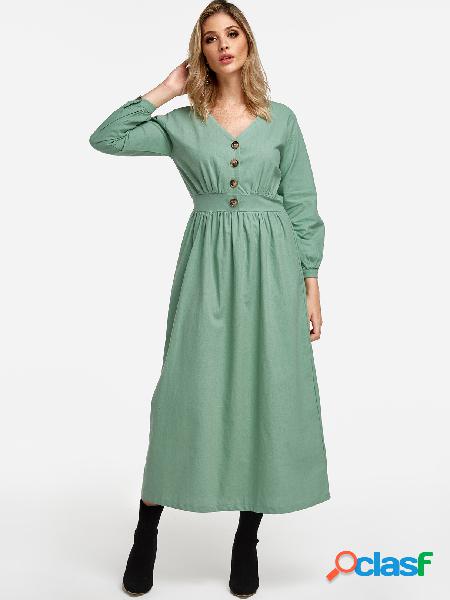 Green Button Design Plain V-neck Lantern Sleeves Dresses