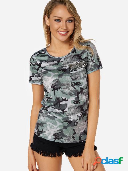 Green Floral Print Round Neck Short Sleeves T-shirts
