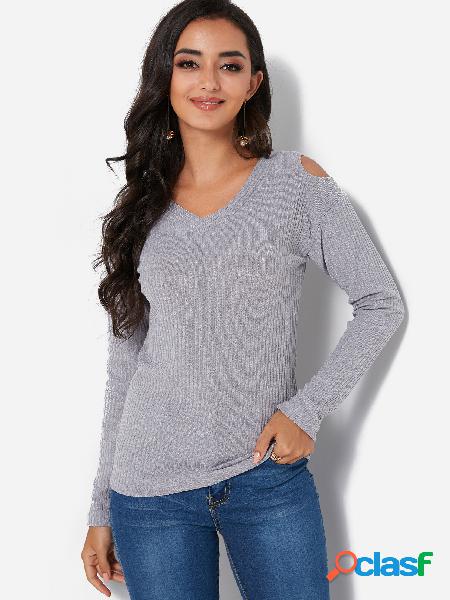 Grey V-neck Cold Shoulder Long Sleeves Sweater