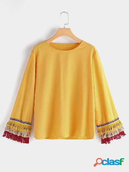 Mustard Bell Sleeve Tassel Cuffs Top