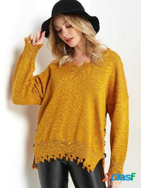 Mustard V-neck Ripped Hem Button-down Side Knit Sweater