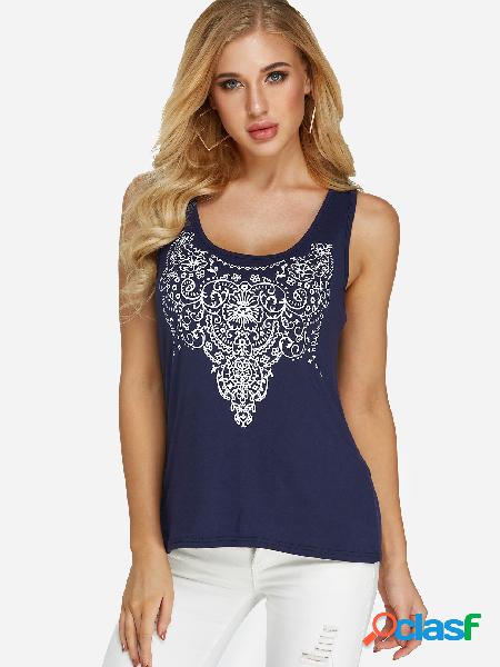 Navy Totem Print Round Neck Tank Top