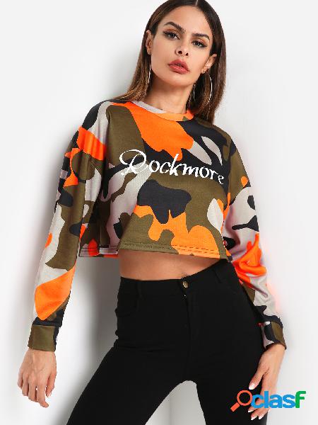 Orange Camouflage Letter Print Crew Neck Long Sleeves Crop