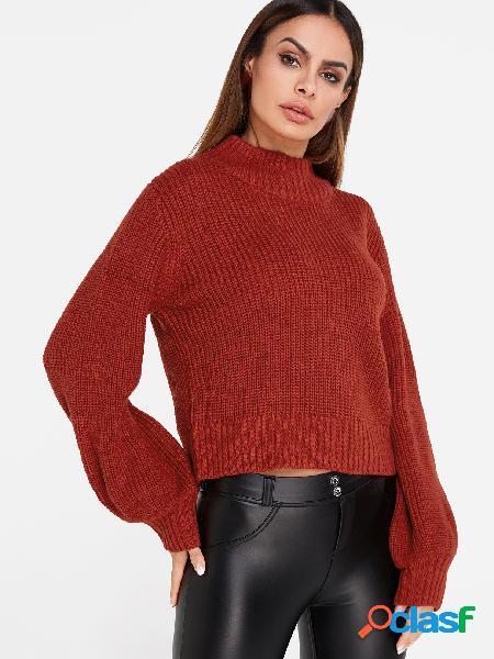 Red Plain Round Neck Lantern Sleeves Sweater