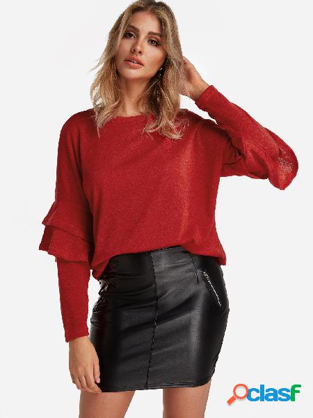 Red Ruffle Design Plain Round Neck Long Sleeves Sweaters