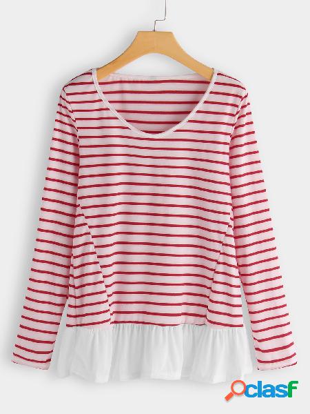 Red Stripe Crew Neck Long Sleeves Ruffle Hem T-shirt