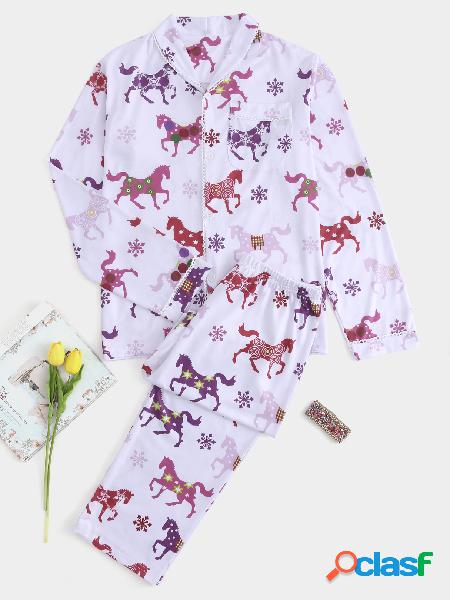 White Button Front Horse Print Christmas Pajama Set