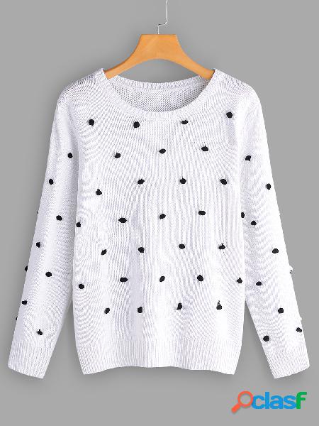 White Polka Dot Design Crew Neck Long Sleeves Sweaters