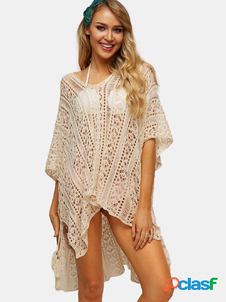 Beige V-neck Crochet Hollow Out Knitted Beachwear