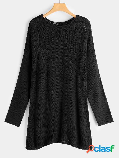 Black Plain Round Neck Long Sleeves Loose Fit Sweaters