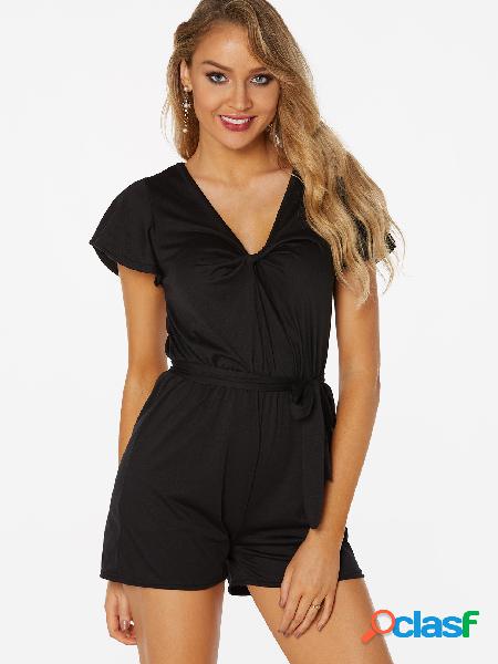Black Pleated Design Plain V-neck Short Sleeves