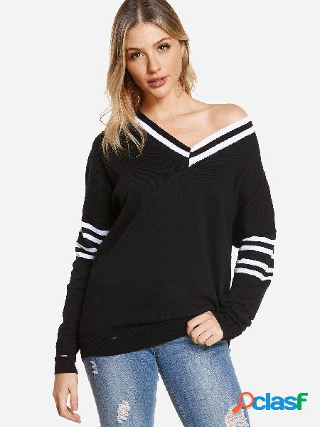 Black Stripe One Shoulder V-neck Loose Fit Random Ripped