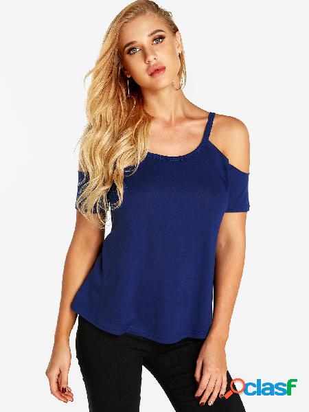 Dark Blue Plain Cold Shoulder Short Sleeves T-shirts