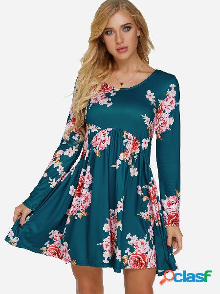 Floral Print Round Neck Long Sleeves Ruffle Hem Dress