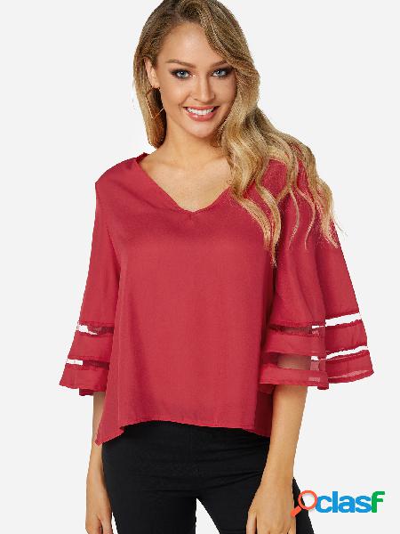 Red V-neck Patchwork Design at Sleeves Blouse