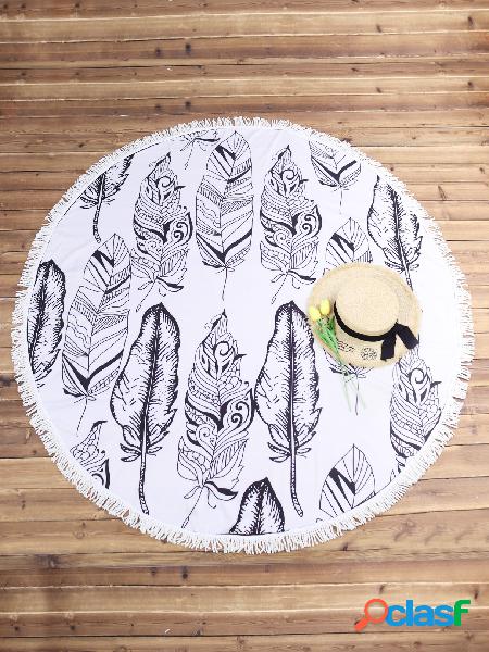 Round Feather Print Tessel Hem Summer Beach Towel