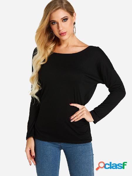 Black Backless Design Crew Neck Long Sleeves T-shirt