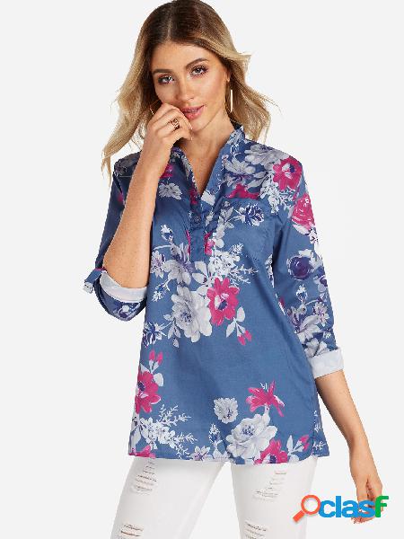 Blue Button Design Random Floral Print Side Poacket 3/4