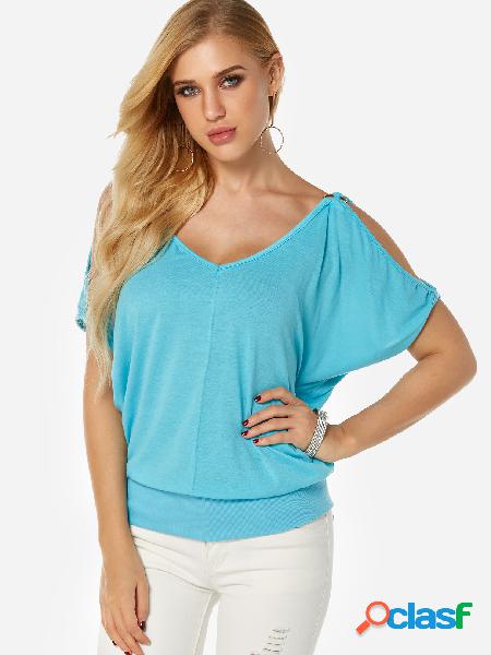 Blue Cold Shoulder V-neck T-shirt