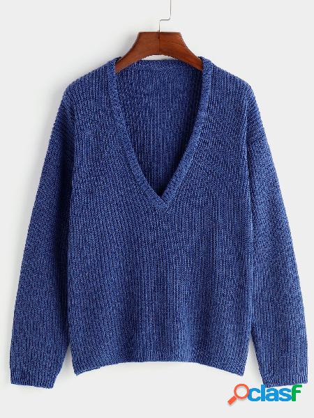 Blue Plain Deep V Neck Long Sleeves Loose Fit Sweaters