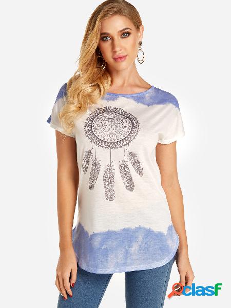 Blue Random Floral Print Crew Neck Short Sleeves Tee