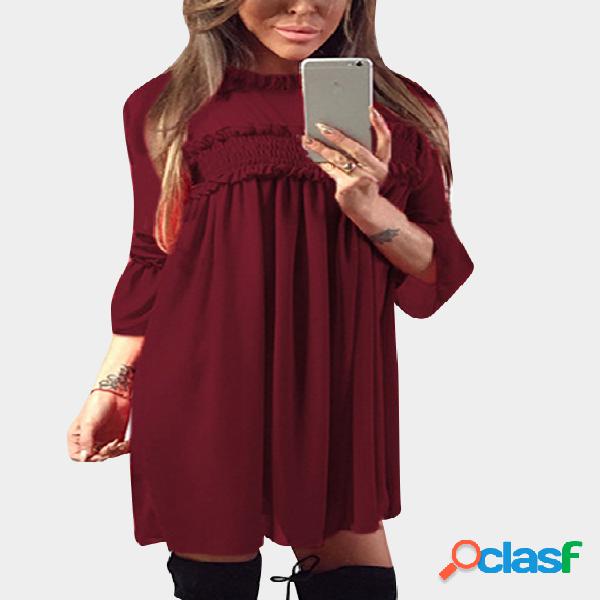 Burgundy Ruffle Trim Crew Neck Flared Sleeves High-Waisted