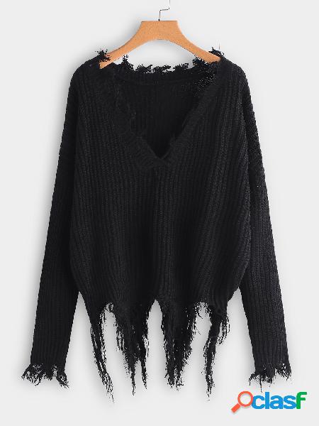 Fashion Black Random Ripped Details V-neck Long Sleeves