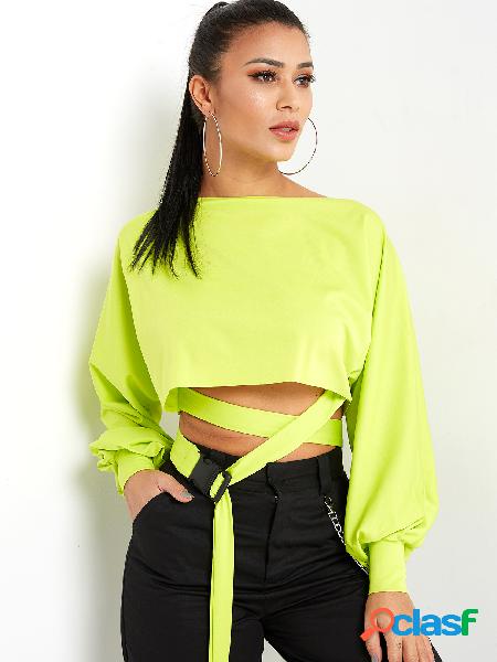 Green Self-tie Design Plain Crew Neck Long Lantern Sleeves