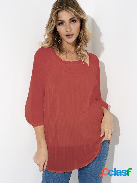 Red Pleated Design Round Neck Long Sleeves Blouse
