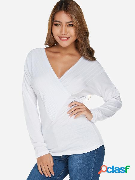 White Crossed Front Design Stripe Deep V Neck Long Sleeves