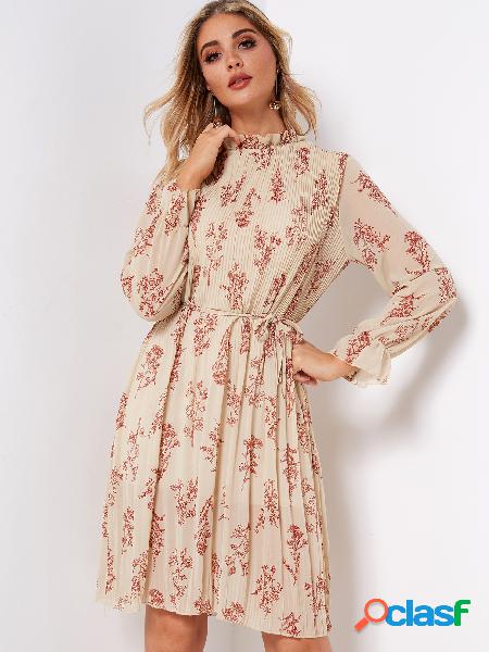 Beige Random Floral Print Frill Neck Bell Sleeves Self-tie