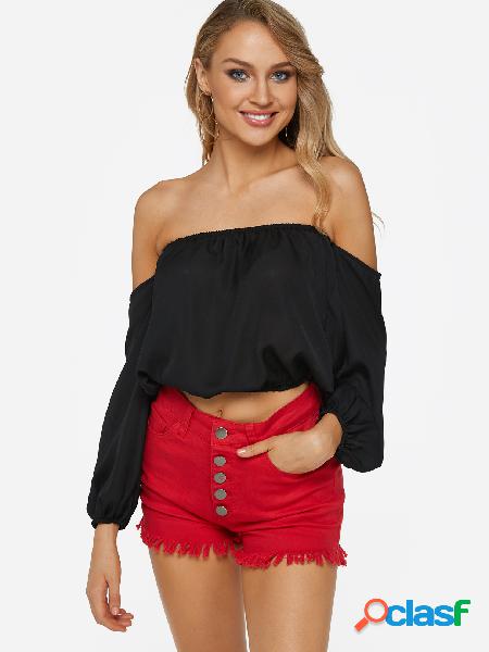 Black Off The Shoulder Long Sleeves Casual Crop Top