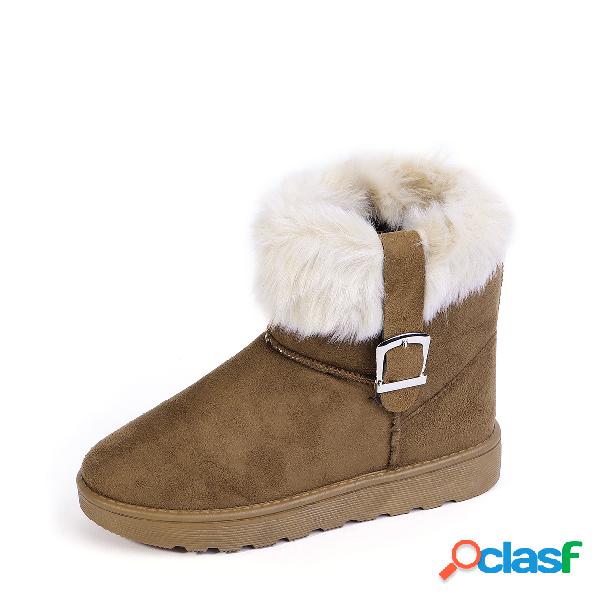 Brown Suede Fur-Lined Buckle Snow Boots
