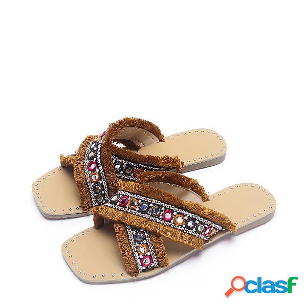 Brown Tassel Jewelled Design Slippers