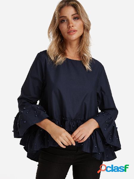 Navy Pearl Flared Sleeves Fashion Blouse