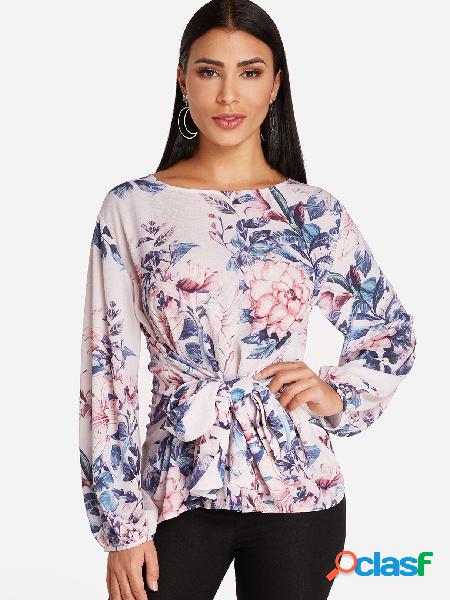 Random Floral Print Self-tie Design Round Neck Long Sleeves