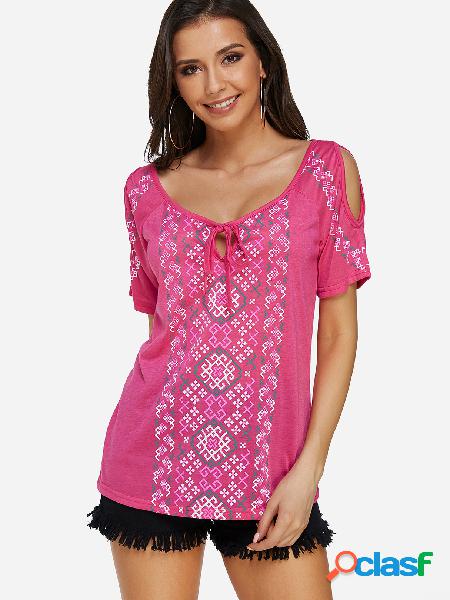 Rose Random Floral Print Cold Shoulder T-shirt