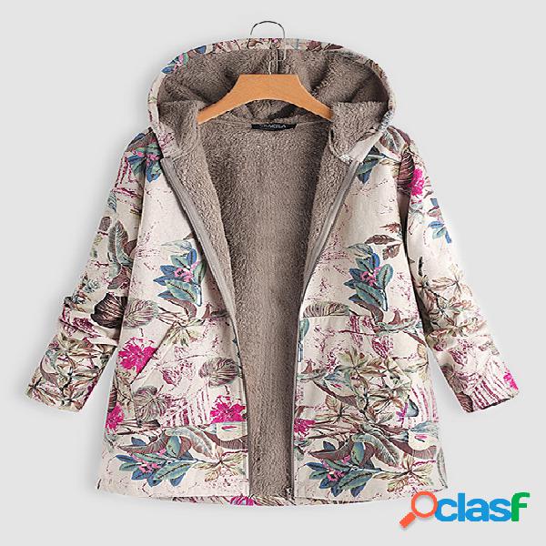 Rose Random Floral Print Hooded Design Long Sleeves Plush