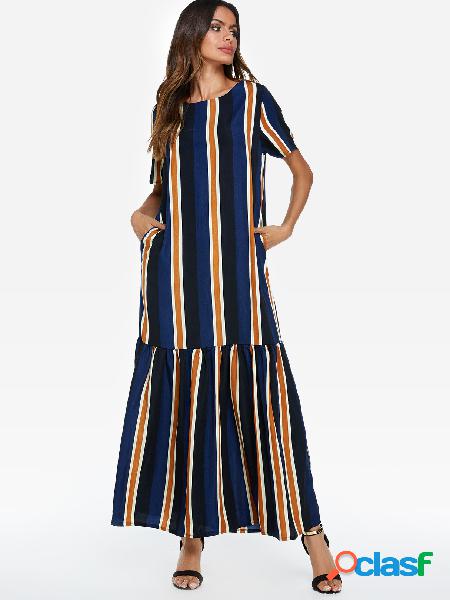 Stripe Pattern Round Neck Short Sleeves Flounced Hem Maxi