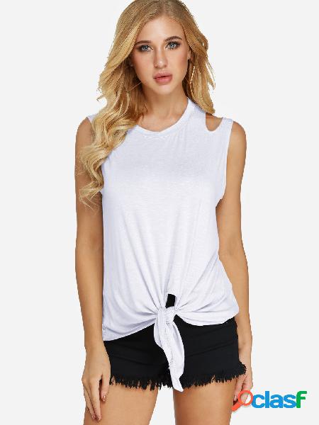 White Cut Out Plain Crew Neck Sleeveless Self-tie Design