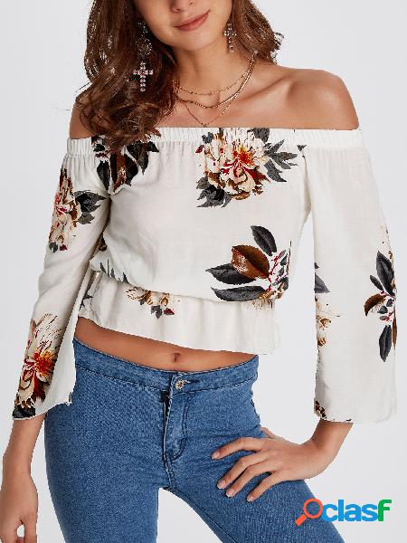 White Elastic Strap Random Floral Print Off The Shoulder