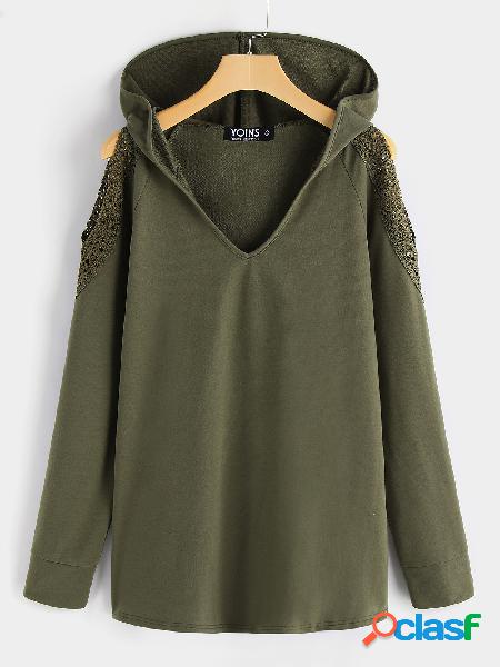 Army Green V-neck Cold Shoulder Hoodie