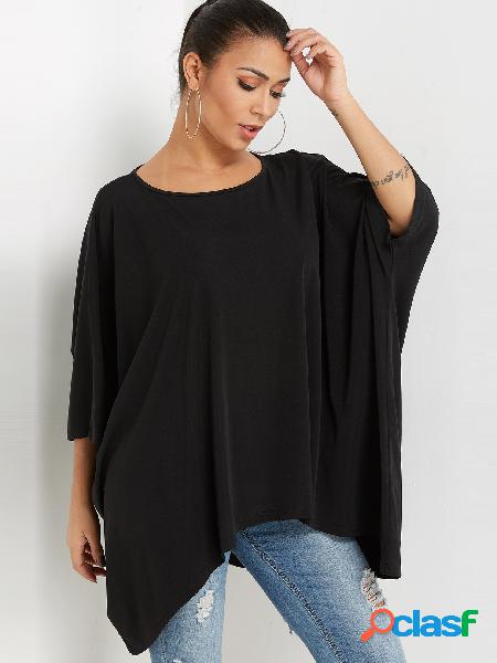 Black Crew Neck Bat Sleeves High-Low Hem Tee