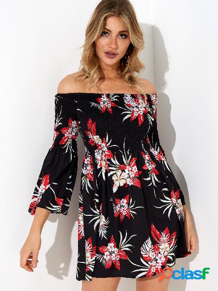 Black Random Floral Print Off Shoulder Flared Sleeves Mini
