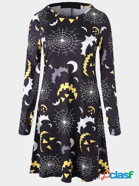 Black Random Floral Print Round Neck Long Sleeves Mini Dress