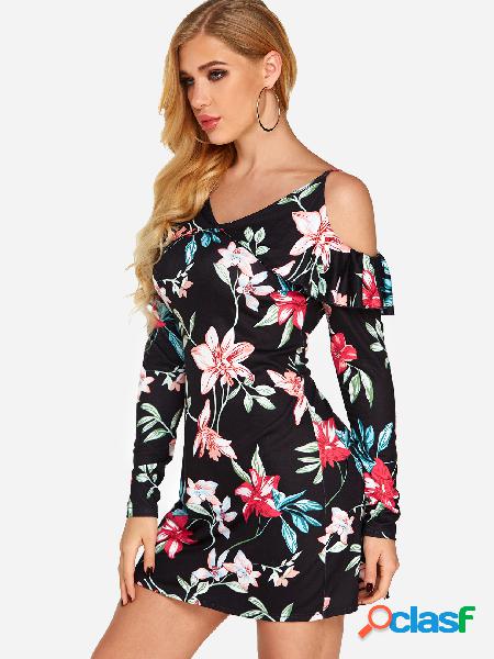 Black V neck Floral Print Flared Regular Dress