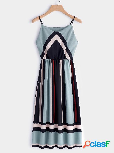 Color Block V-neck Sleeveless Spaghetti Beach Dress in Blue